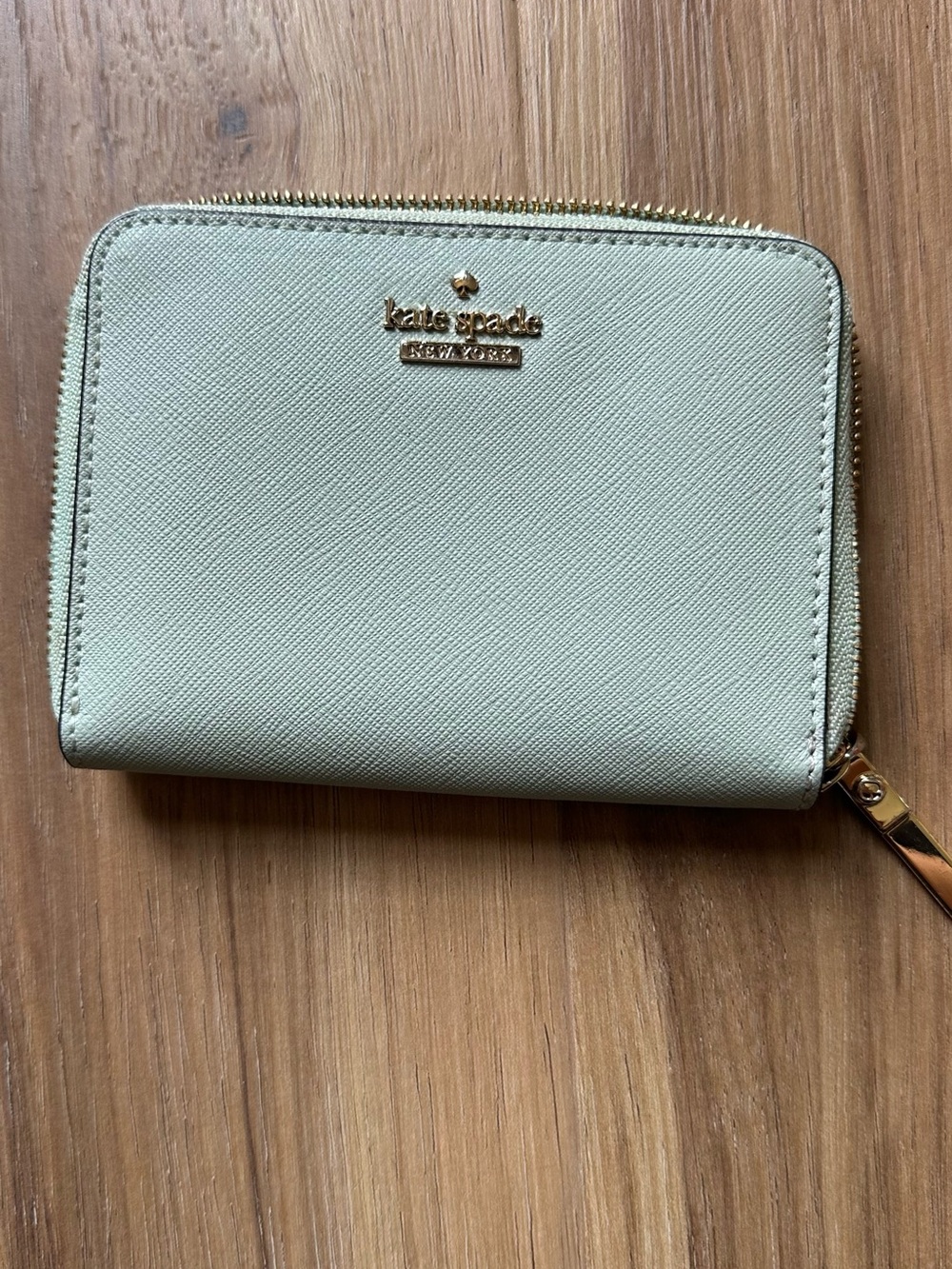 kate spade Light Sage Saffiano Zip Wallet with Gold Hardware
